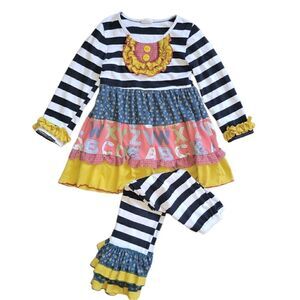Ruffles Tutu and Lulu Stripe Alphabet Letters Longsleeve Top and Pants 2 Set 5-6